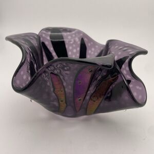 Art Glass Iridescent Dichroic Purple Folded HANDKERCHIEF Vase Bowl Studio Beaded